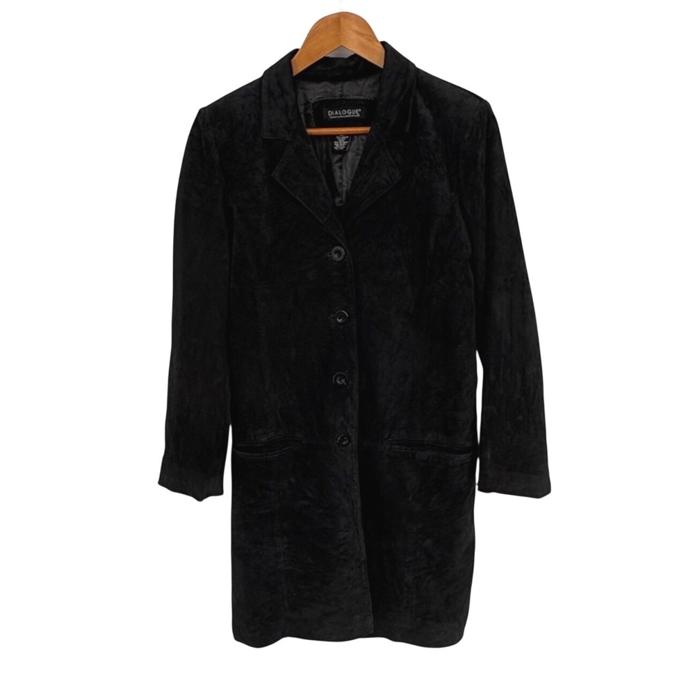 Dialogue Suede Leather Trench Coat Womens Small Black Longline Button Jacket VTG